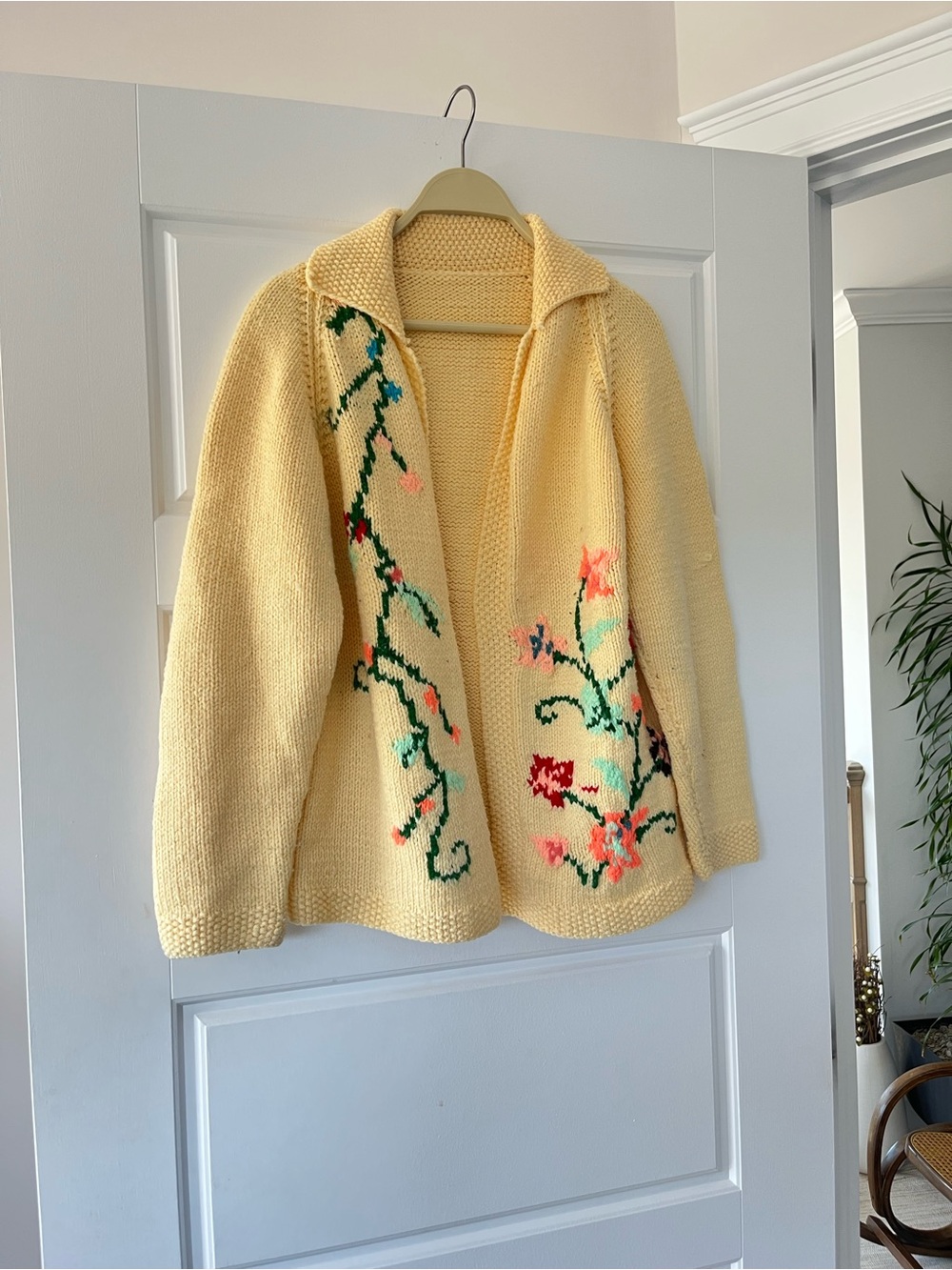 Yellow Hand-Knit Floral Open-Front Women's Cardigan